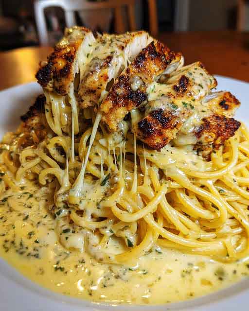 Hähnchen-Spaghetti mit Knoblauch-Mozzarella-Sauce